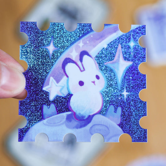 Bunny in Outer Space Stamp Holographic Vinyl Sticker