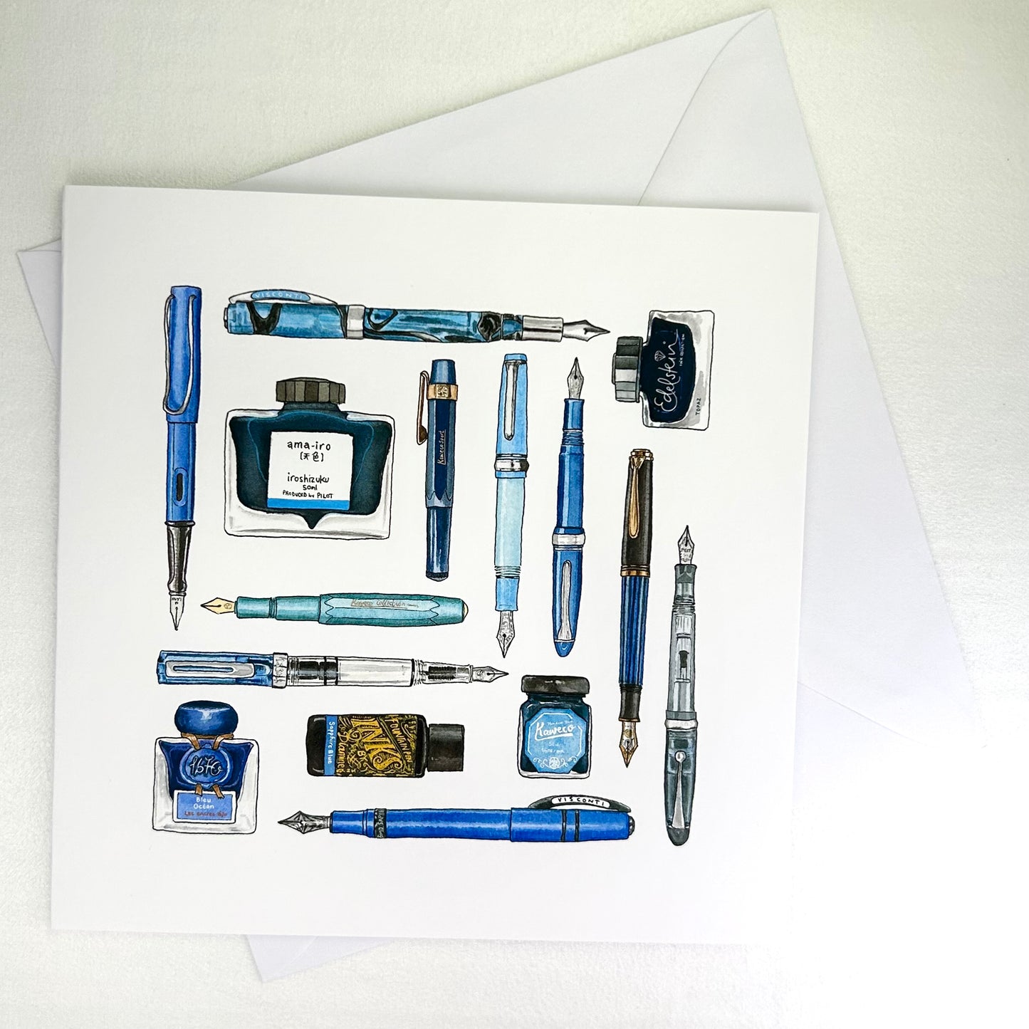 Fountain pen and ink illustrated notecard, shades of blue