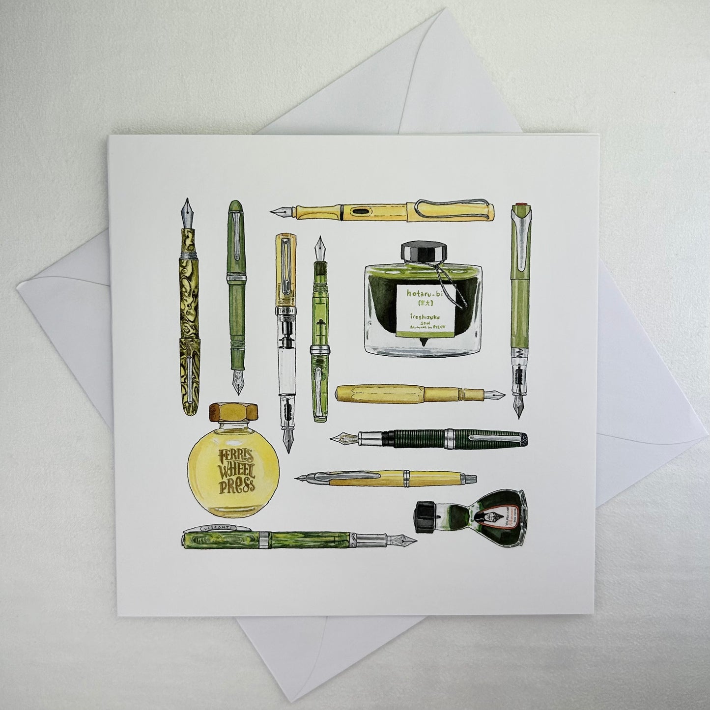 Fountain pen and ink illustrated notecard, shades of green