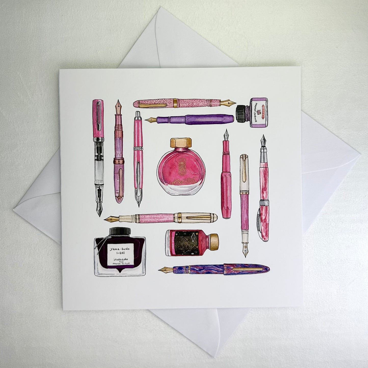 Fountain pen and ink illustrated notecard, shades of pink