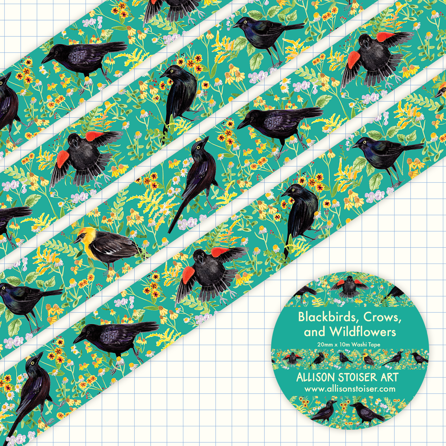 Blackbirds, Crows, and Wildflowers Washi Tape