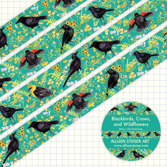 Blackbirds, Crows, and Wildflowers Washi Tape