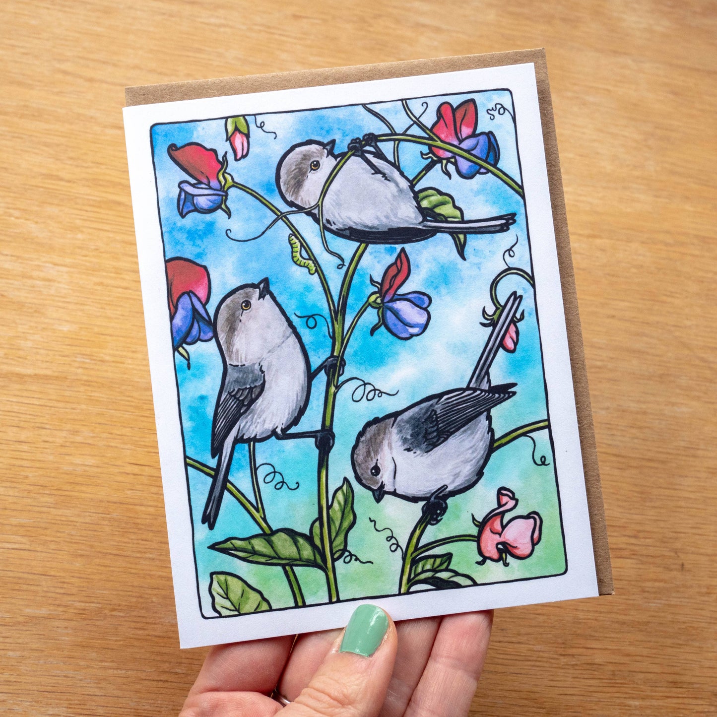 Sweet Birds in Sweet Peas Greeting Card