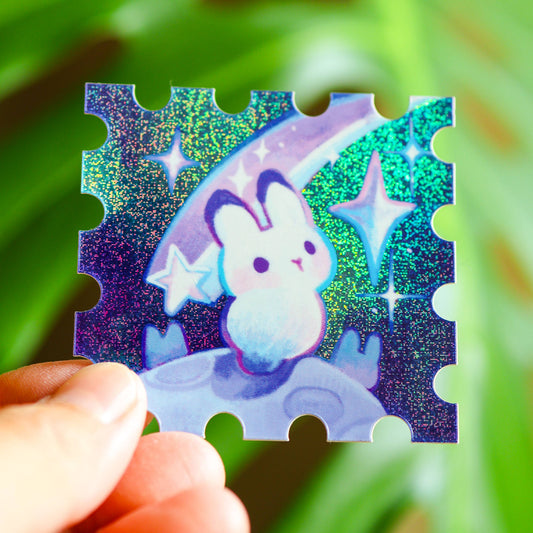 Bunny in Outer Space Stamp Holographic Vinyl Sticker