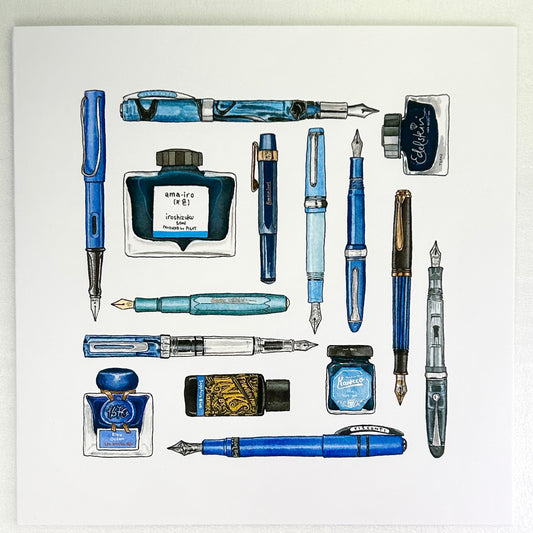 Fountain pen and ink illustrated notecard, shades of blue