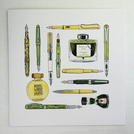 Fountain pen and ink illustrated notecard, shades of green