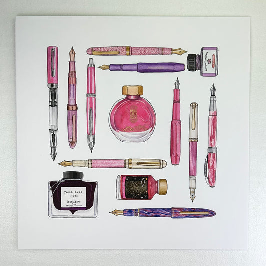 Fountain pen and ink illustrated notecard, shades of pink