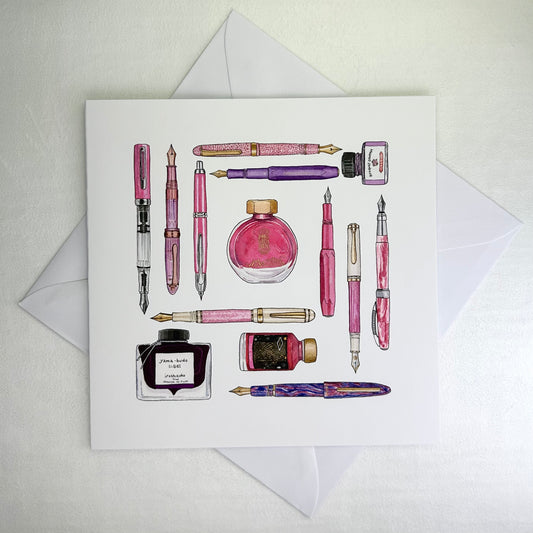 Fountain Pen and Ink Illustrated Notecard, shades of pink