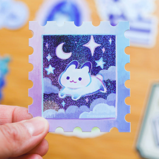 Starry Night and a Bunny Stamp Holographic Vinyl Sticker